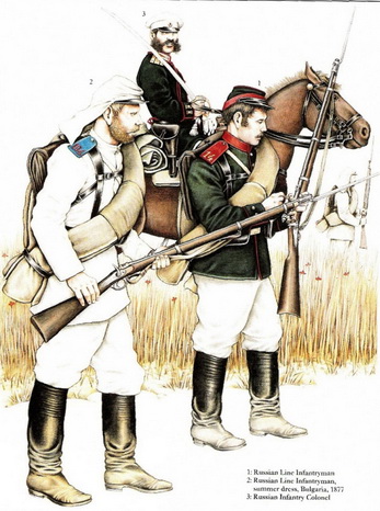 Русско-Турецкая война 1877-1878 гг. 1,2 - рядовые русской линейной пехоты, 3 - пехотный полковник. Иллюстрация Рафаэля Руггери для Osprey Men-at-Arms Series 277 - The Russo-Turkish War 1877